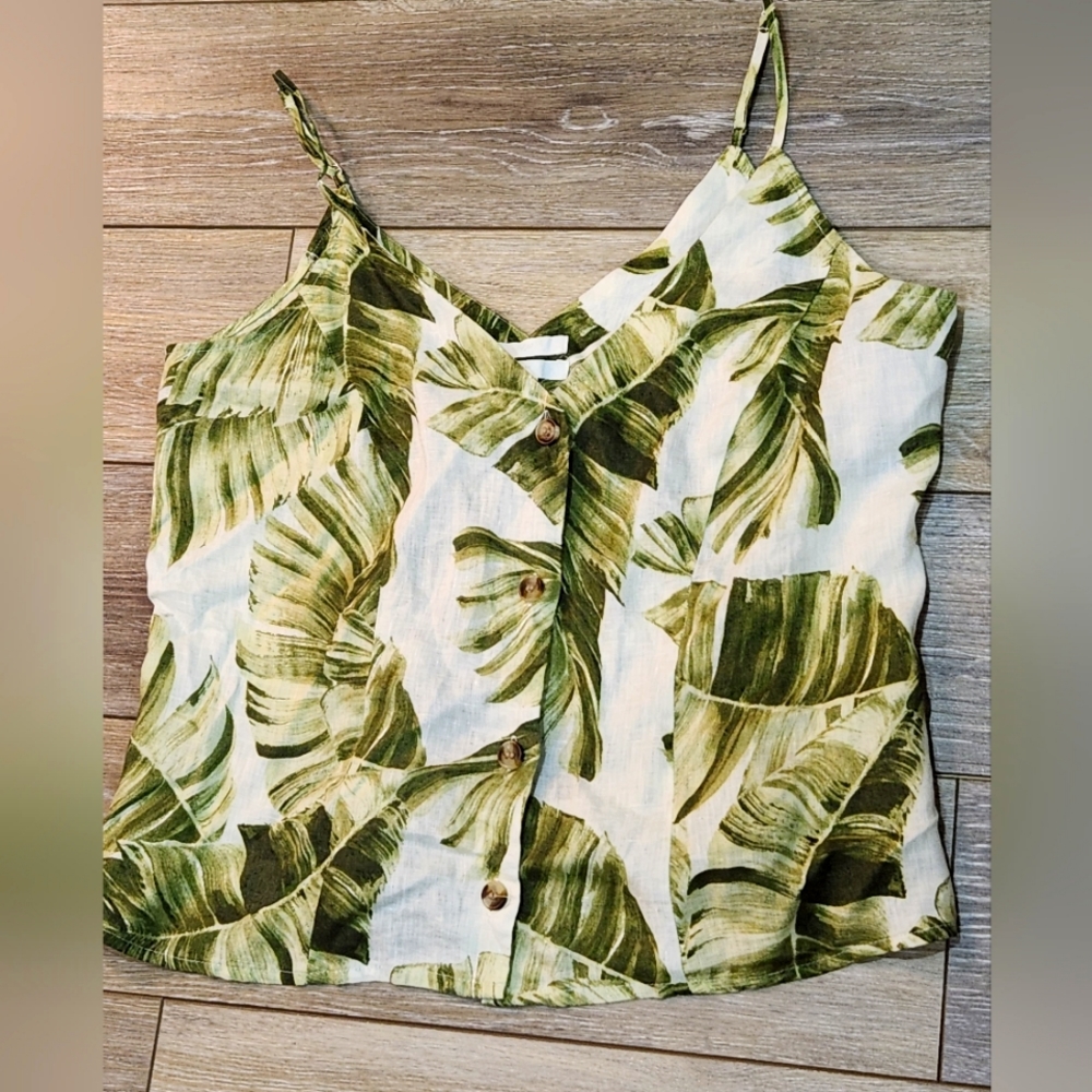 H&M green palm tree 100% linen button down tank top
